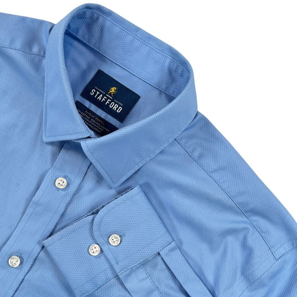 Stafford Regular Fit Dress Shirt Sweat Repel Blue‎ Textured Mens M 15-15.5 34-35